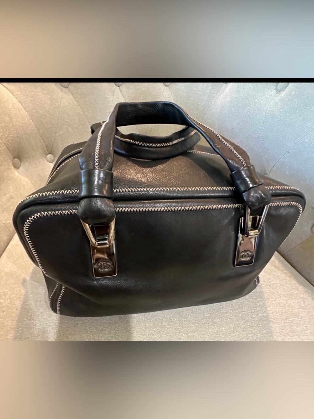 Authentic CHANEL Black Lambskin Leather Bowler Handbag
